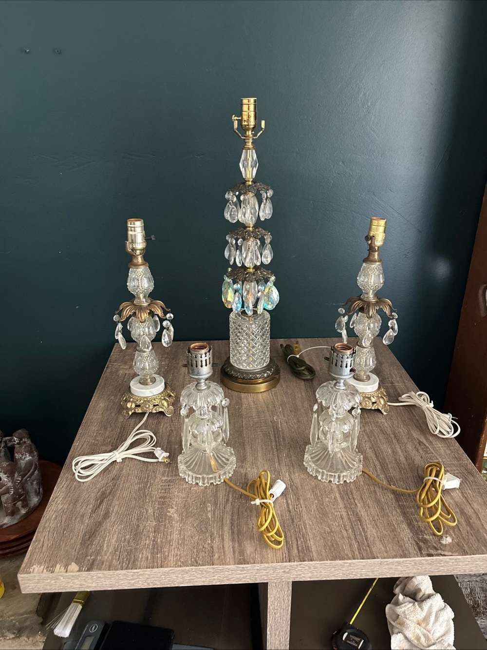 5 MCM HOLLYWOOD REGENCY TABLE LAMPS MARBLE BASE  CRYSTAL PRISMS
